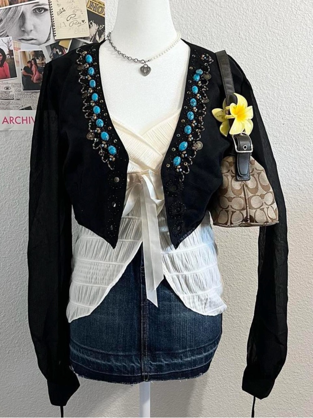 Vintage Y2K Deadstock Beaded Suede Mesh Bolero Cardigan Top
